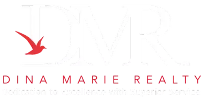 Dina Marie Realty logo with a red bird icon and spaced red text on a white background
