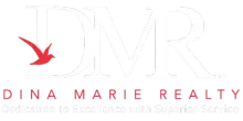 Dina Marie Realty logo with a red bird icon and spaced red text on a white background