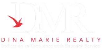 Dina Marie Realty logo with a red bird icon and spaced red text on a white background