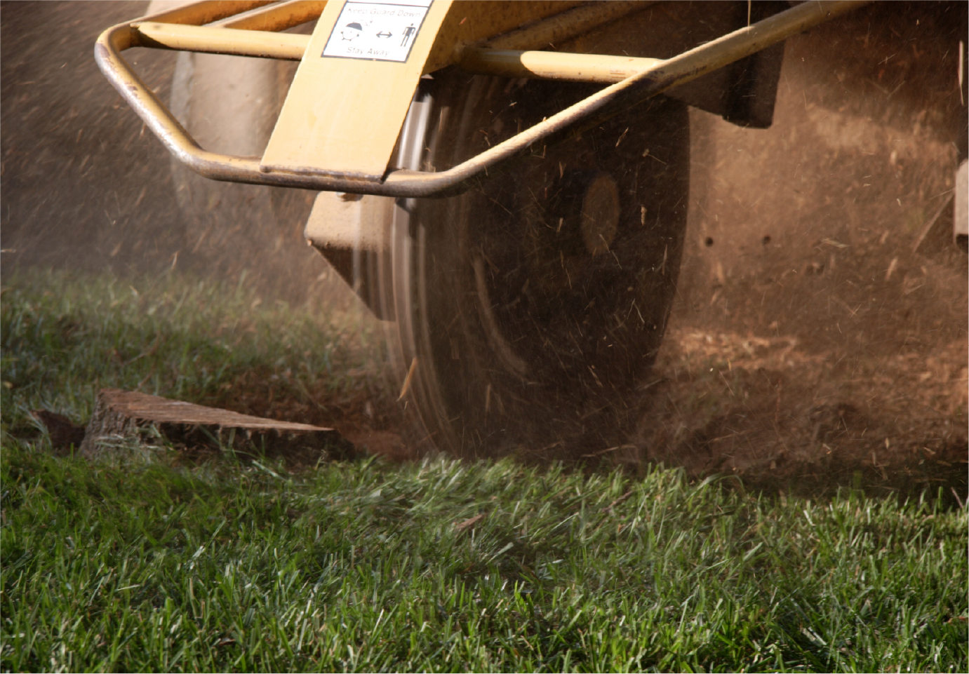 A tractor is cutting a tree stump in the grass