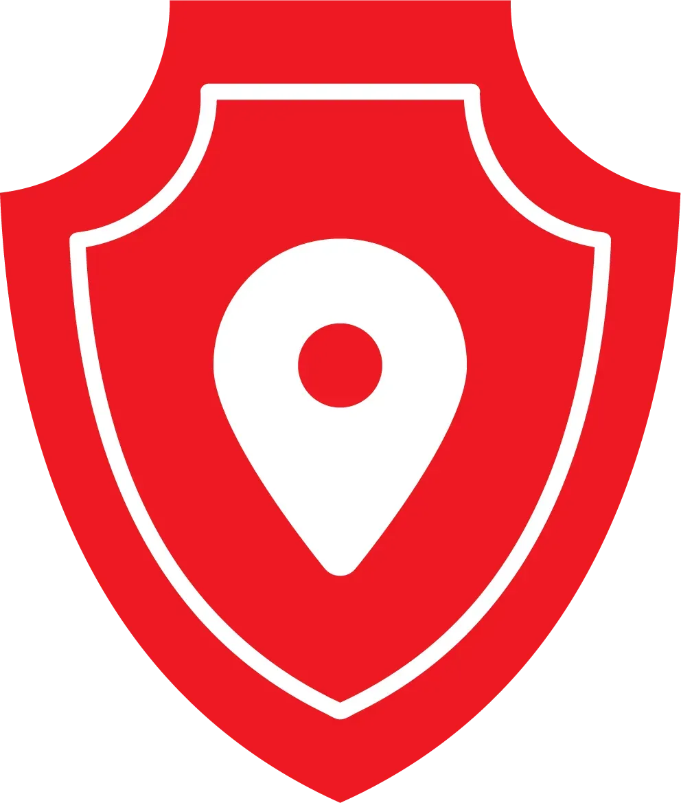 A green shield with a white pin on it.