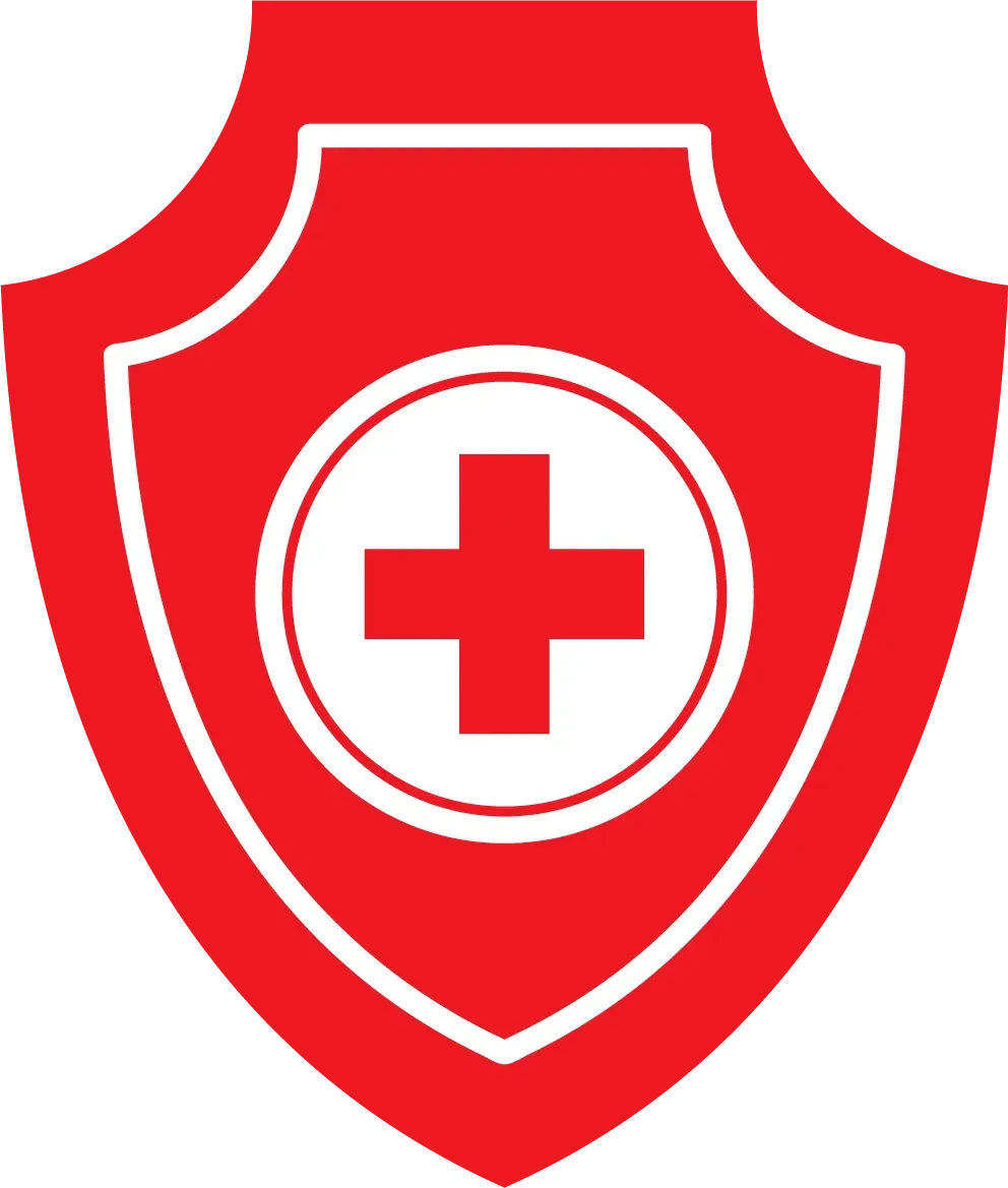 A green shield with a white cross in the middle.