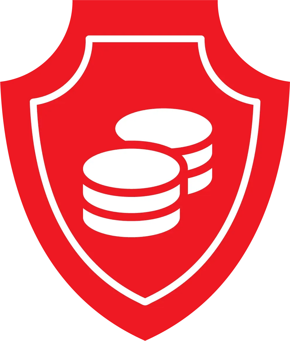 A green shield with a stack of coins inside of it.