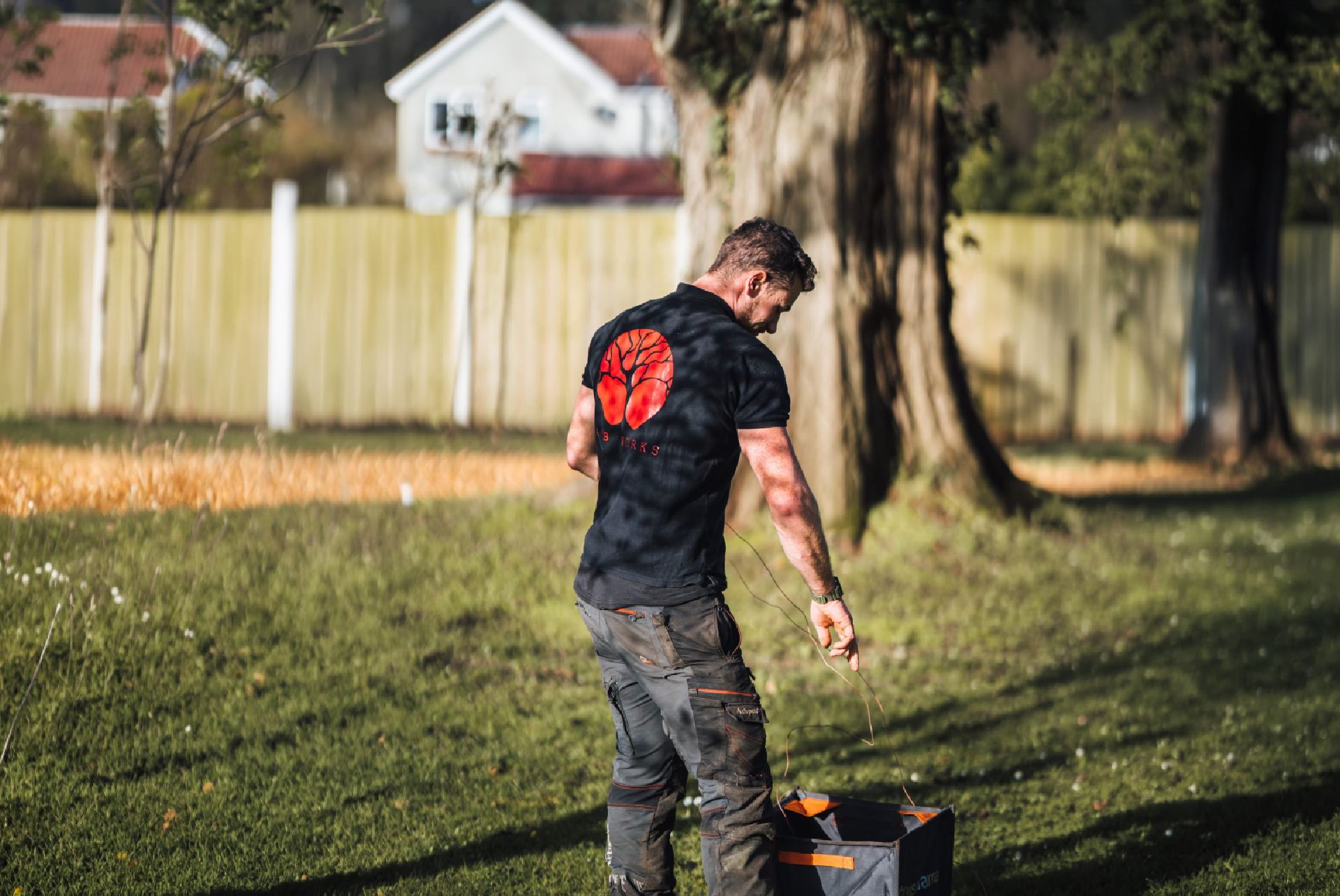 A man is cutting a tree with a chainsaw.