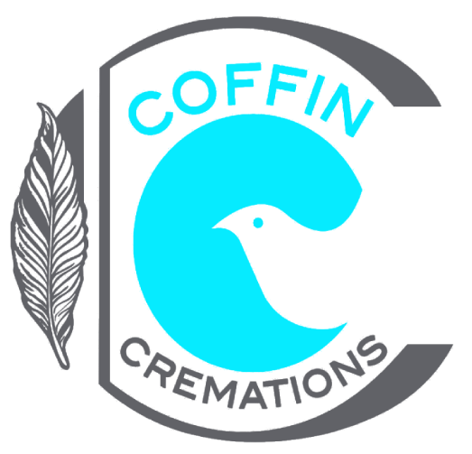 Logo for Coffin Cremations, teal and white, with a bird in the letter