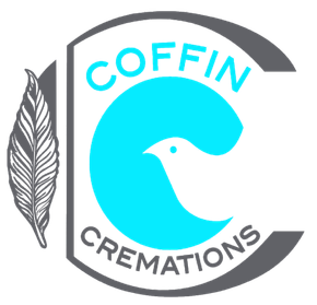 Logo for Coffin Cremations, teal and white, with a bird in the letter