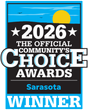 2026 Official Community’s Choice Awards winner badge for Sarasota in blue, white, black, and yellow