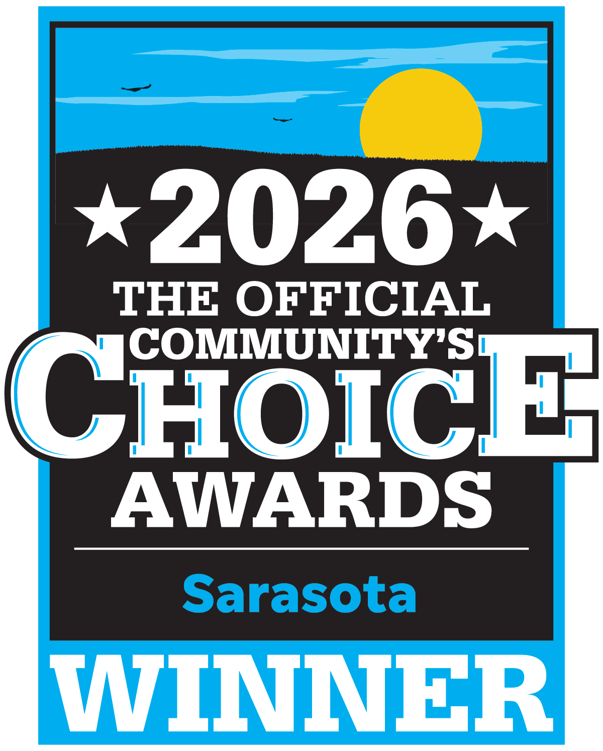 2026 Official Community’s Choice Awards winner badge for Sarasota in blue, white, black, and yellow