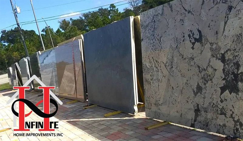 Outdoor sidewalk with stone countertop slabs lined up