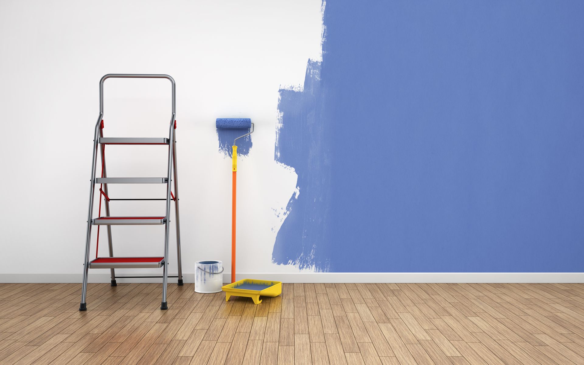 Ladder, paint roller, and paint can against a wall being painted blue; wooden floor.