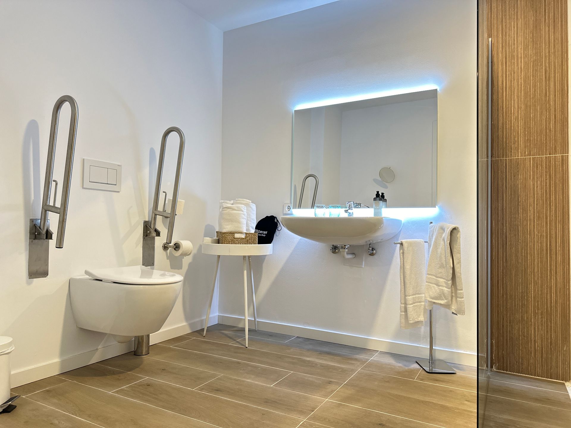 Accessible bathroom with toilet and sink. Features include grab bars, a vanity mirror, and towel rack.