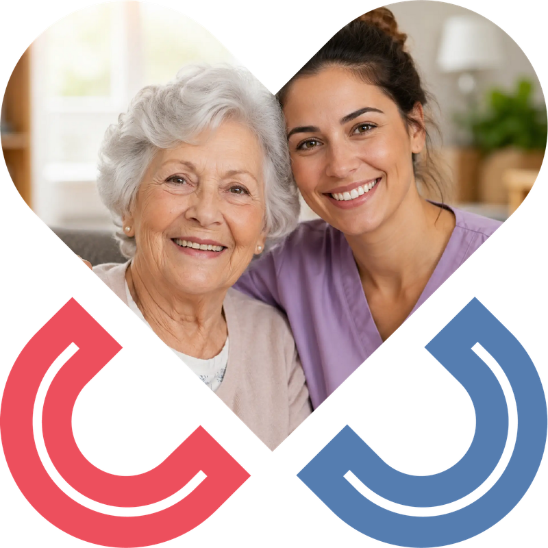 Smiling caregiver and elderly resident in a compassionate care setting