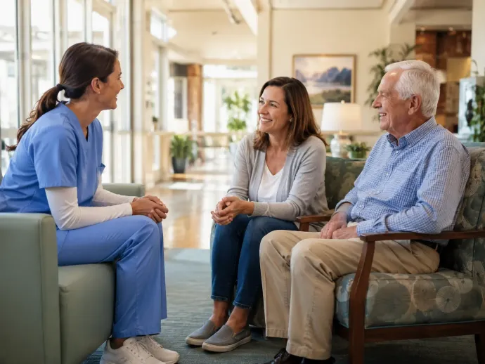 Caregiver speaking with a senior resident and family member in a warm care setting