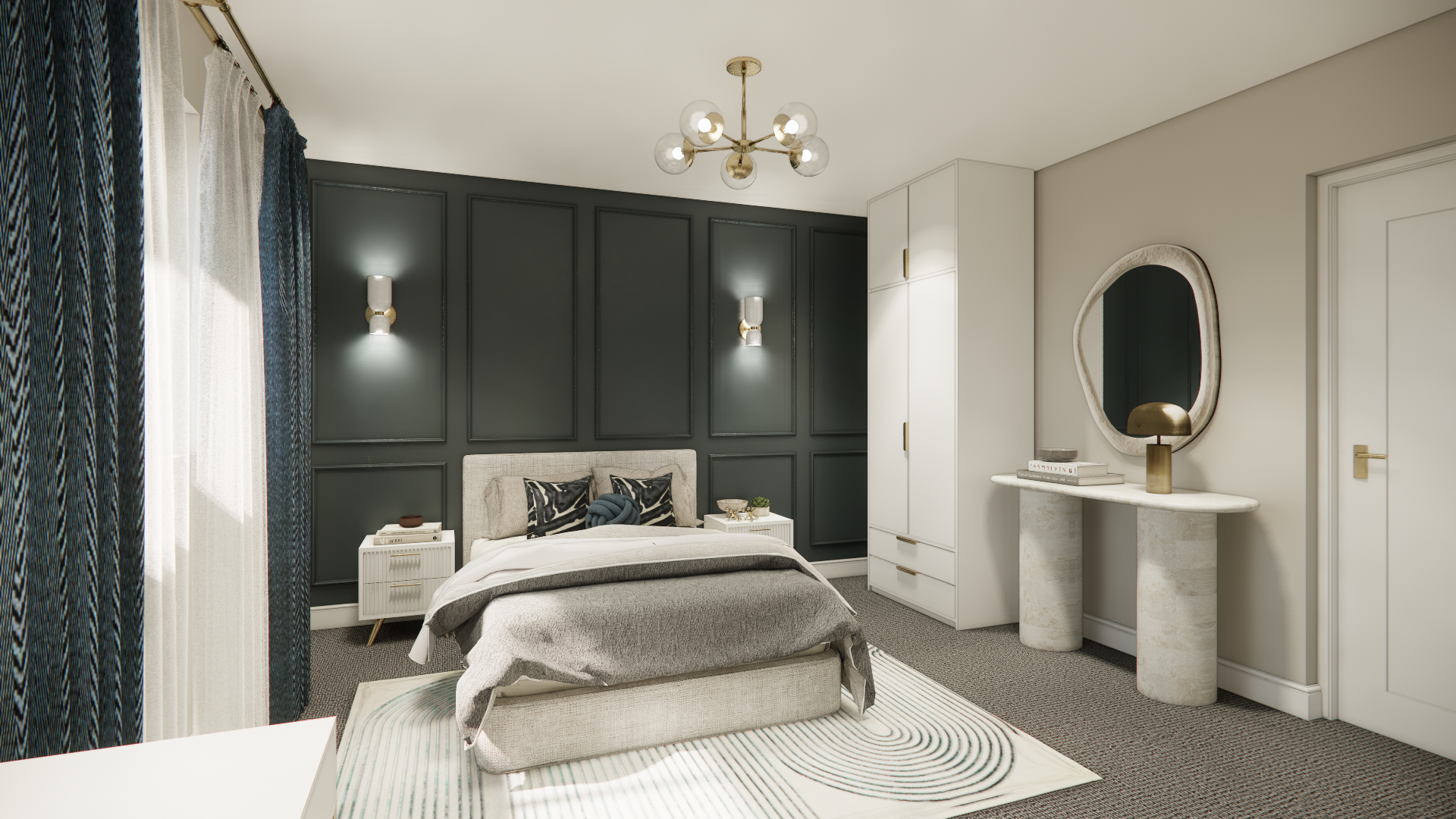 Bedroom interior with dark panel wall, bed, dresser, curtains, and gold chandelier.