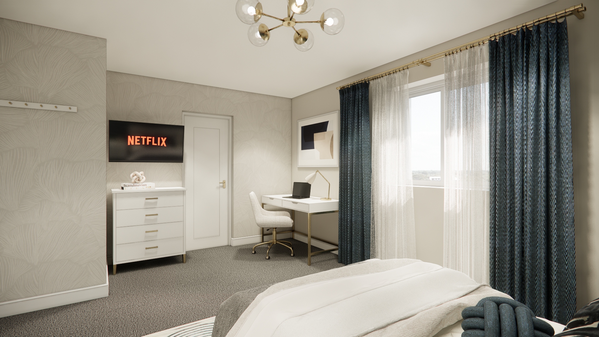 Bedroom with a TV, desk, and bed. Teal curtains, white furniture, and a gold light fixture.