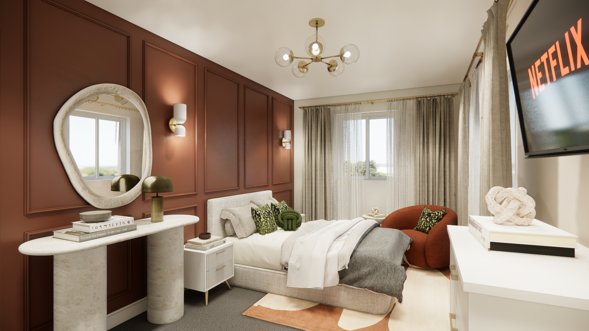 Bedroom with a bed, vanity, and a TV with Netflix on the screen. The walls are a reddish-brown color.