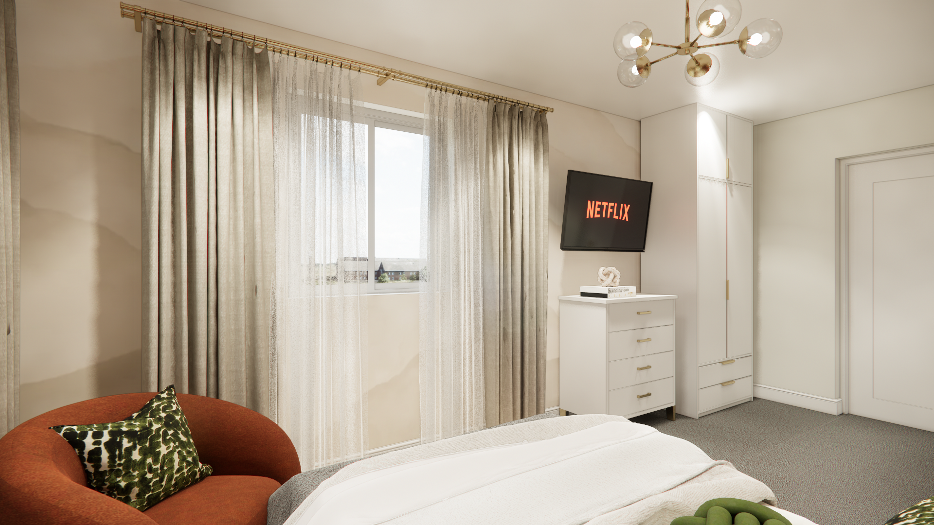 Bedroom with bed, orange chair, window, TV, white dresser, and closet. Beige walls and gold accents.