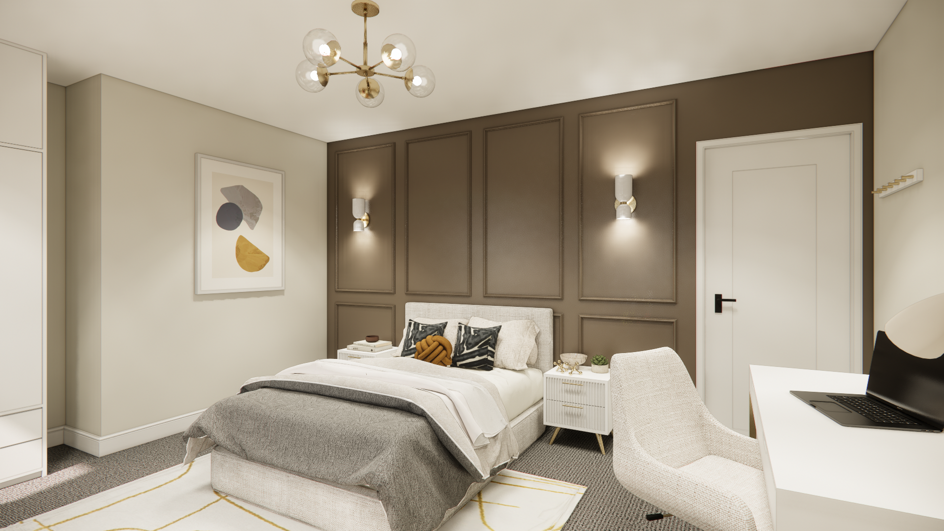 Bedroom with a bed, desk, and accent wall with sconces, in neutral colors.