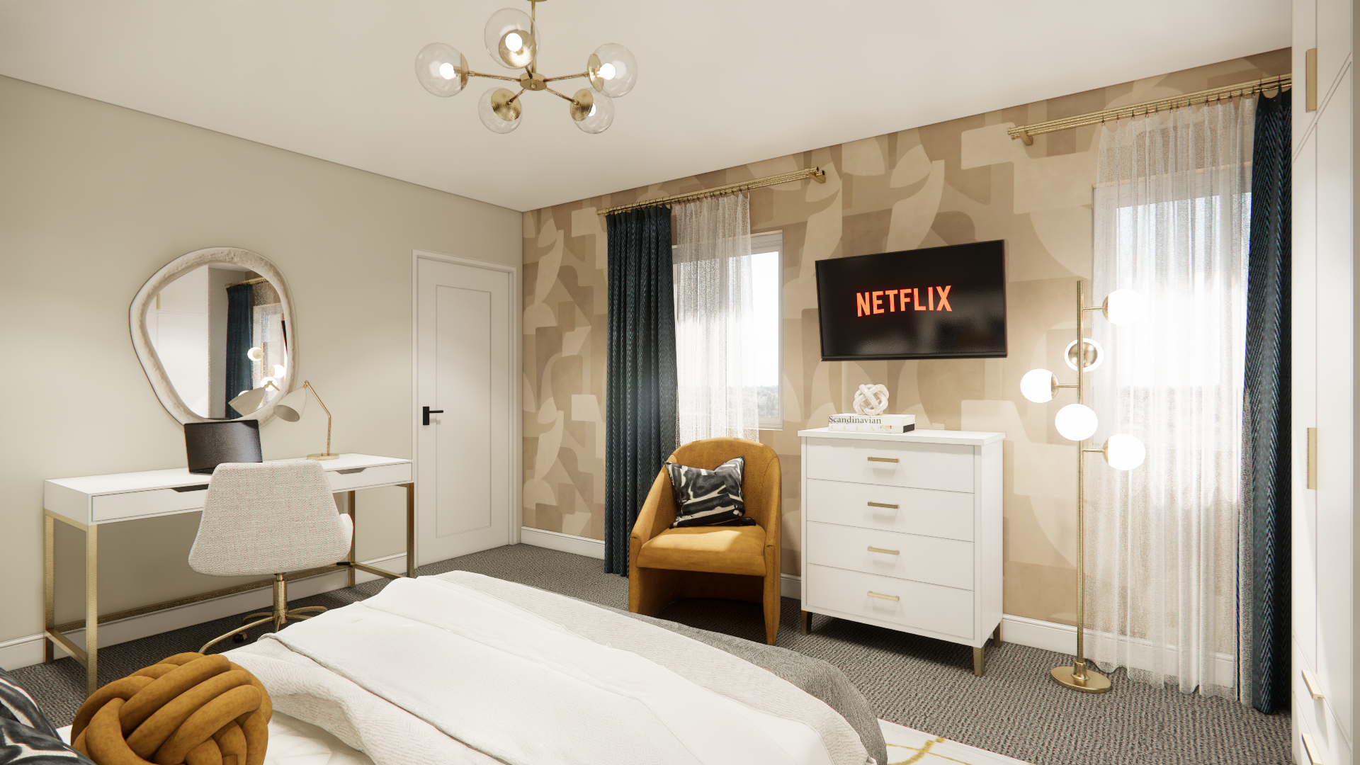 Bedroom with gold and teal accents, featuring a desk, TV, armchair, and patterned wallpaper.