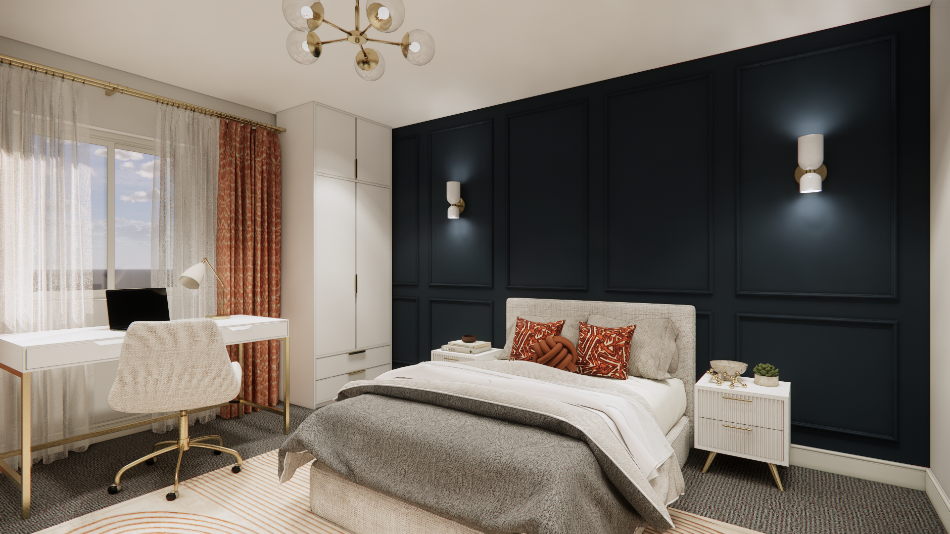 Bedroom with navy accent wall, bed, desk with chair, window with curtains, and wardrobe.