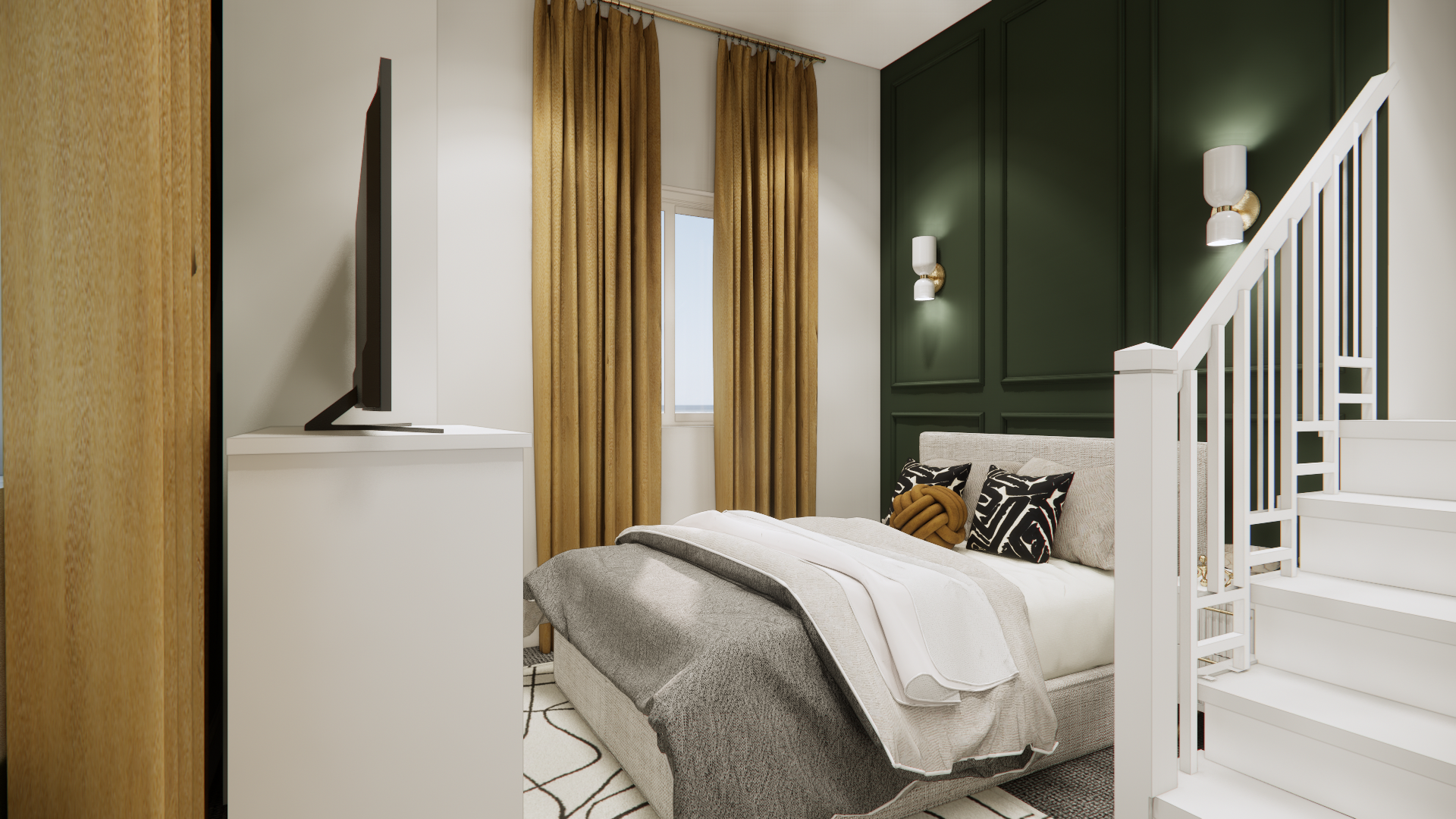 Bedroom with green accent wall, bed, TV, stairs, and gold curtains.