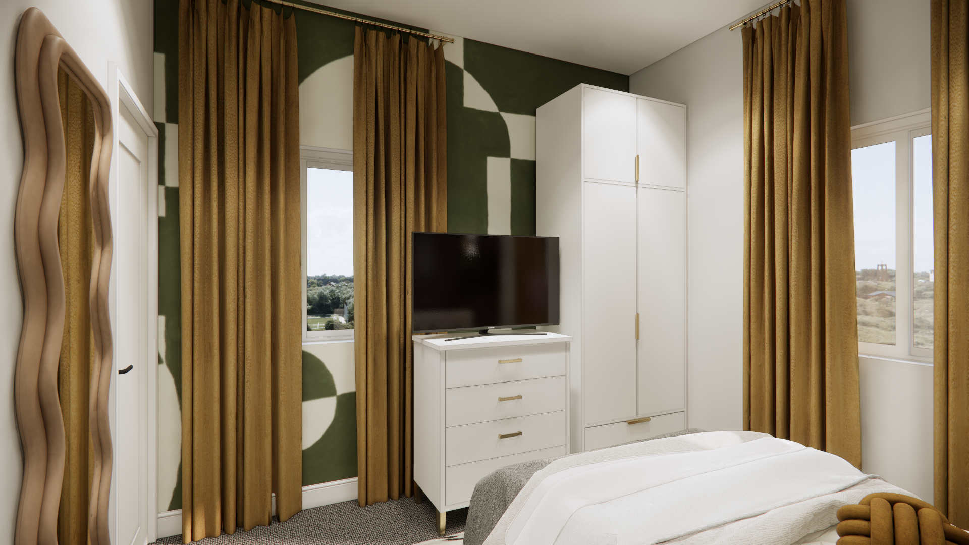 Bedroom with green geometric accent wall, white furniture, gold curtains.