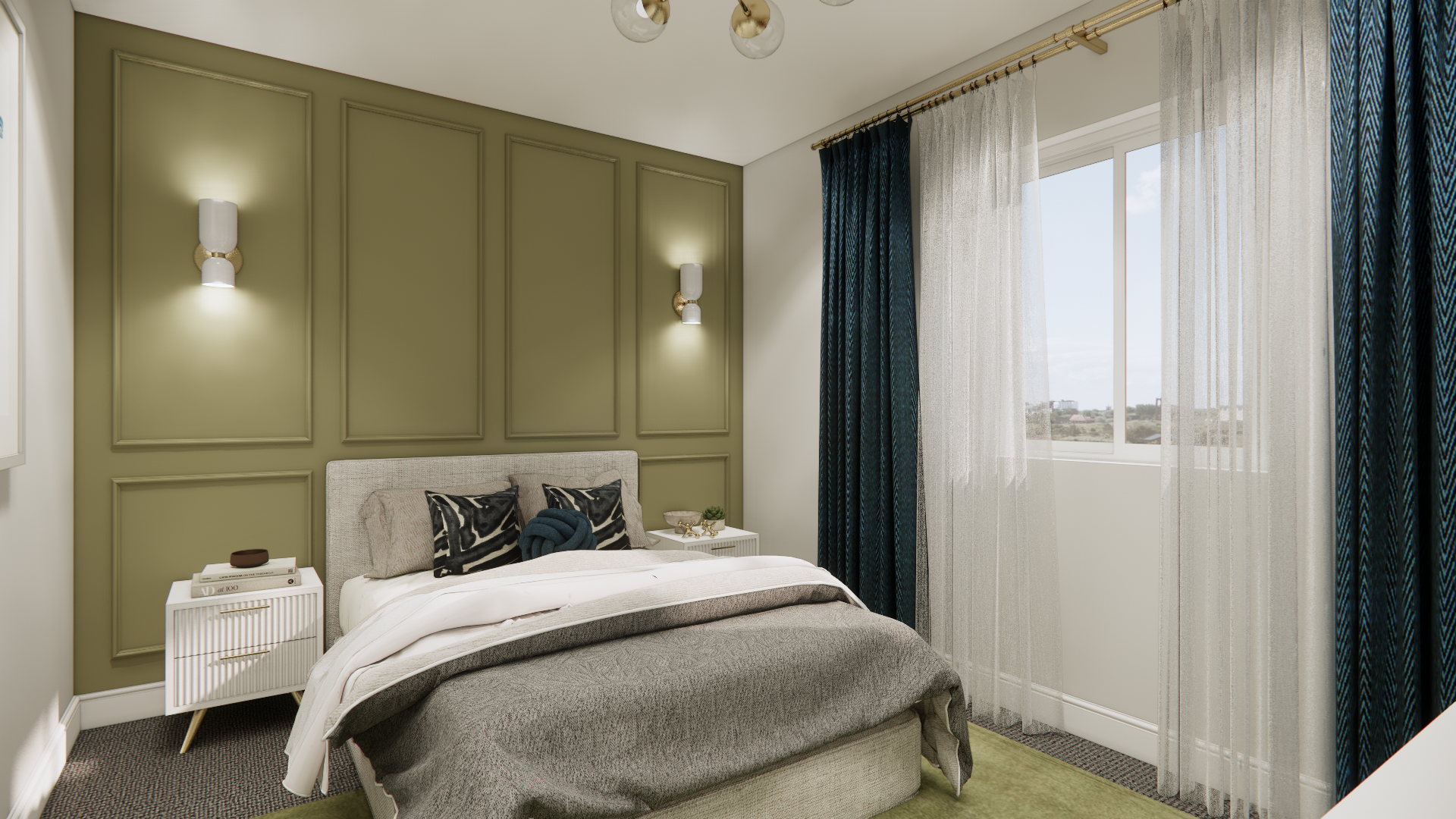 Bedroom with olive green paneling, bed, blue curtains, and white sheer curtains.