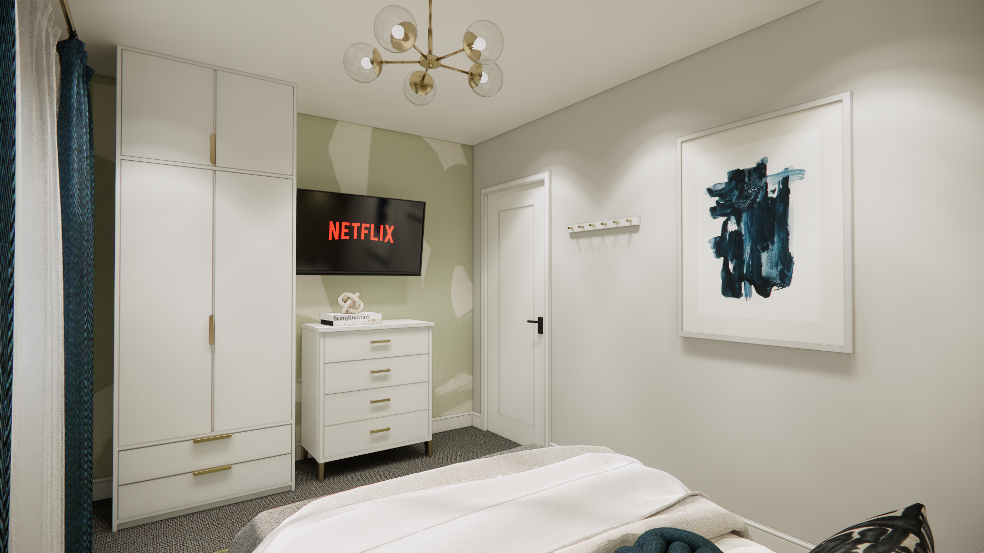 Bedroom with white furniture, TV, abstract art, and gold chandelier.
