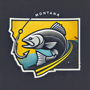 Montana fish logo with a leaping trout over a state outline in yellow, blue, black, and white