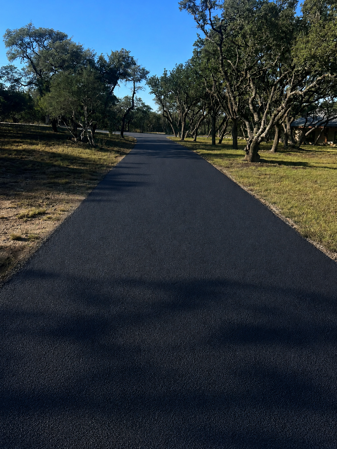 Fresh chip seal driveway installation on a tree-lined residential road in Bozeman, Montana