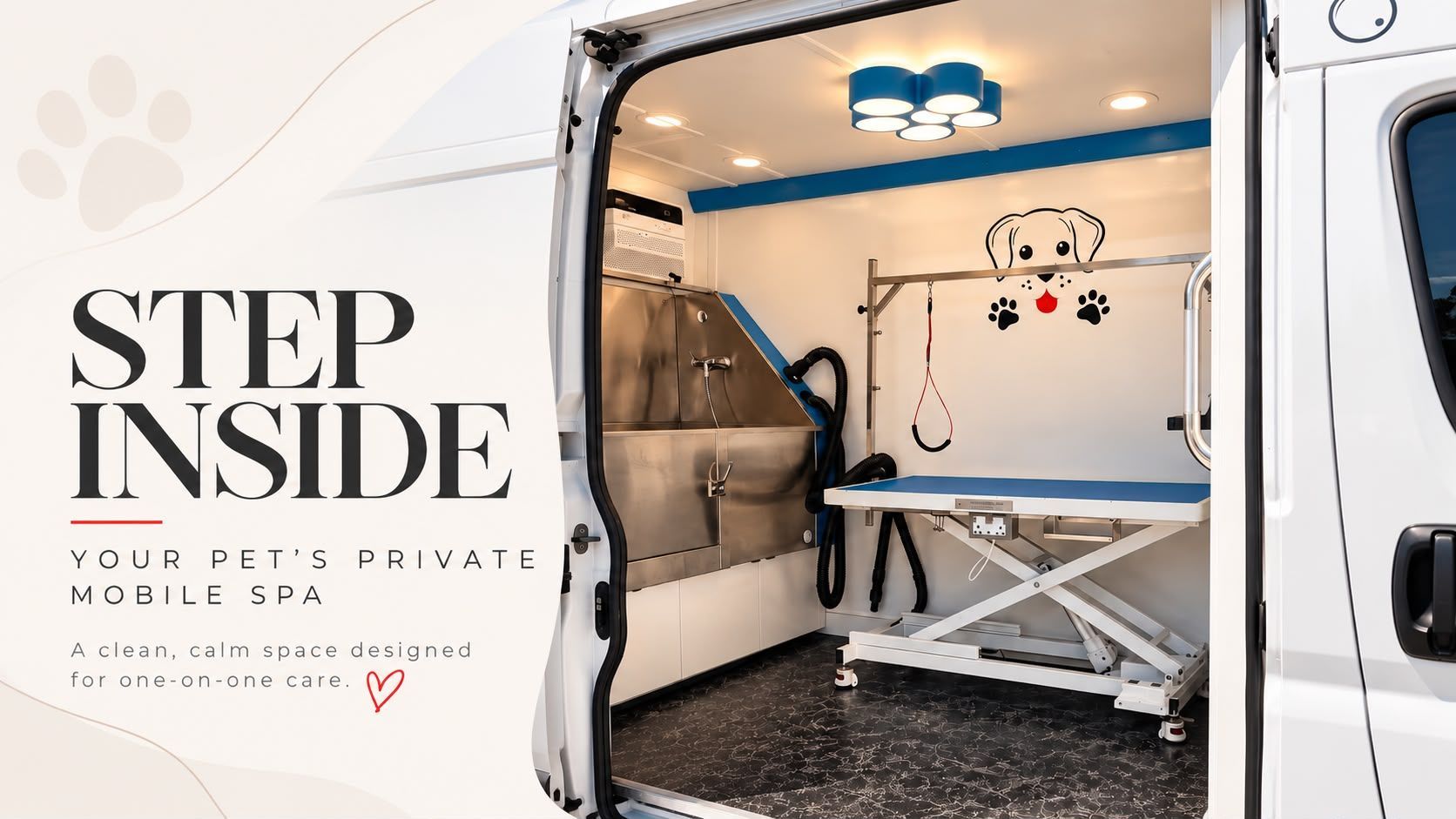Inside the Snoopy Grooming van: grooming table, tub and professional equipment