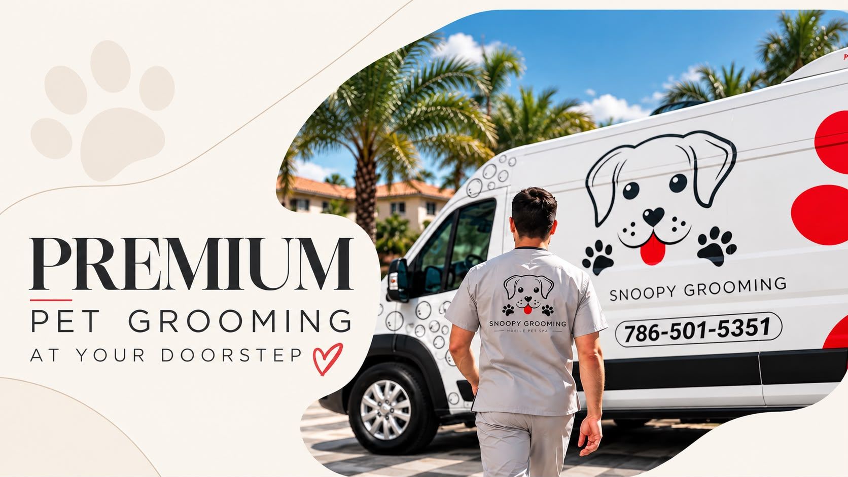Snoopy Grooming groomer walking to the Snoopy Grooming mobile spa van