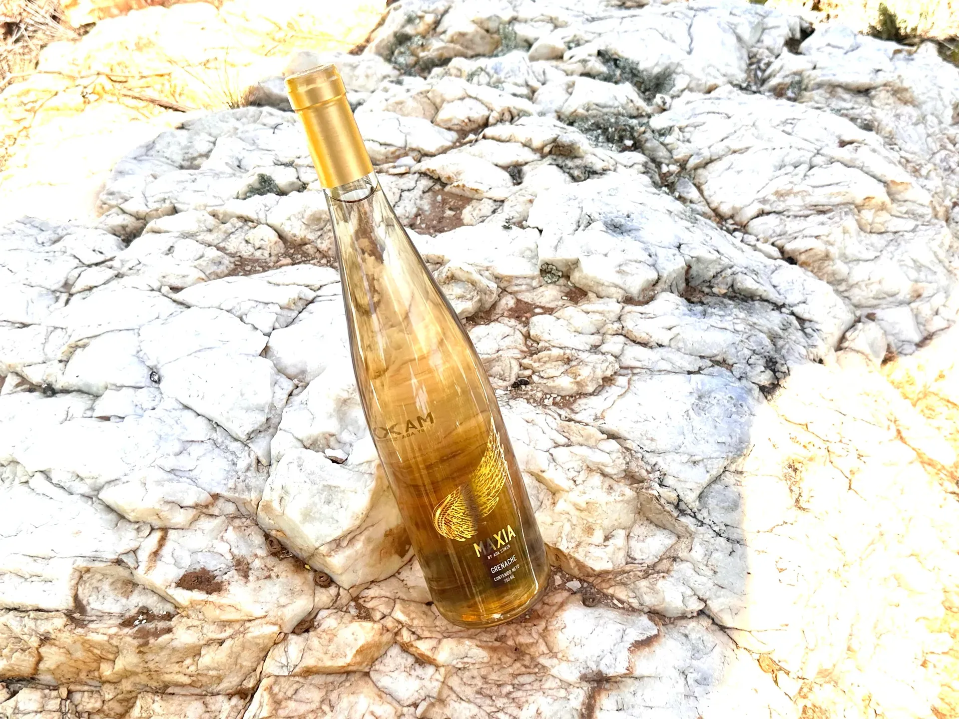 Una botella de vidrio maxia con líquido de color ámbar y tapón dorado reposa sobre una roca