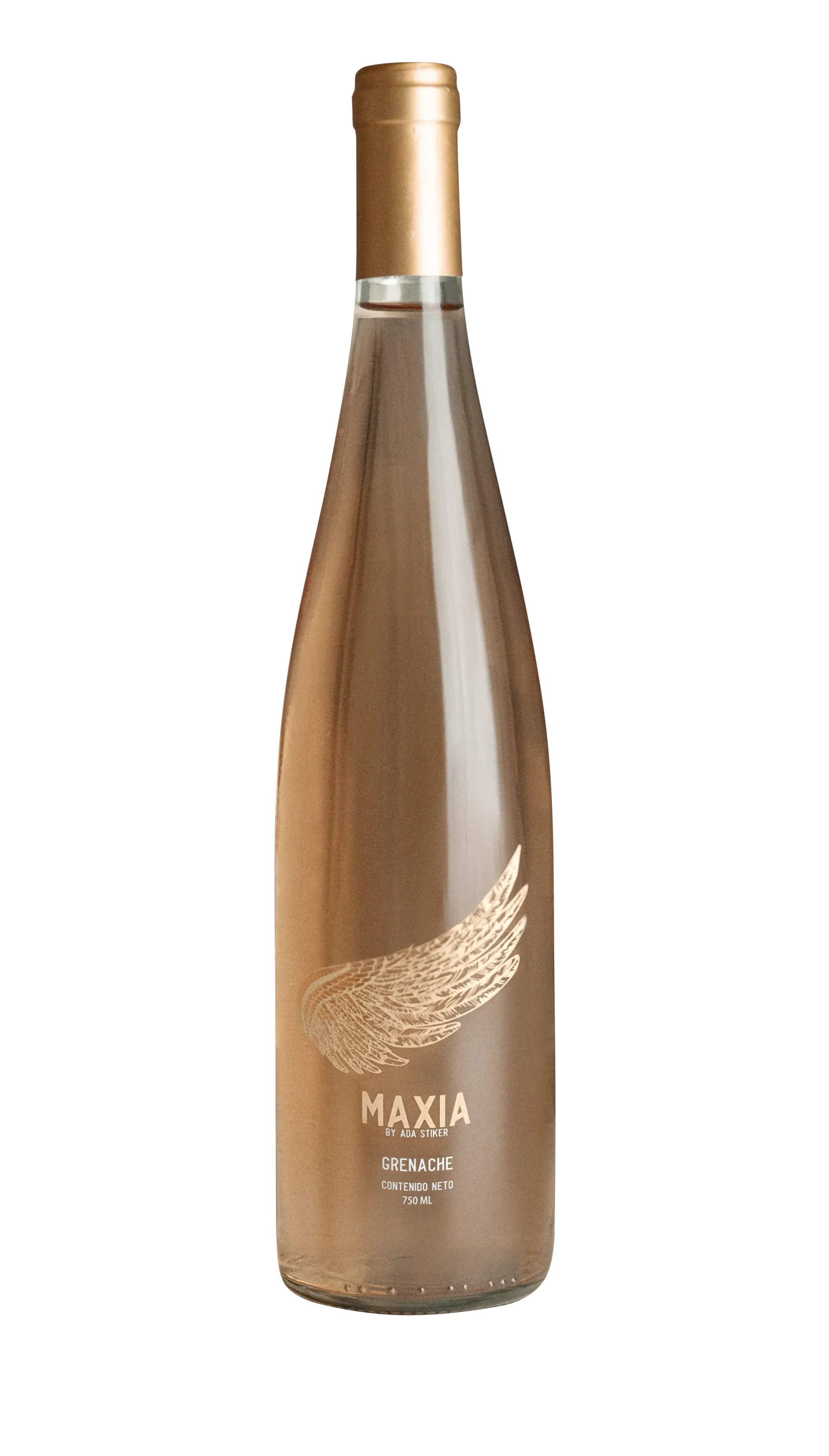 Botella de vino Maxia, etiqueta dorada, forma esbelta, tapón dorado y diseño de alas en la etiqueta.