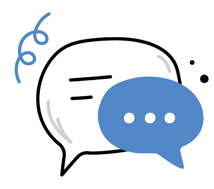 A white speech bubble with two lines, overlaid by a smaller solid blue speech bubble with three dots.