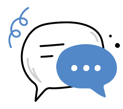 A white speech bubble with two lines, overlaid by a smaller solid blue speech bubble with three dots.