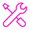 a purple wrench and a screwdriver crossed over each other on a white background .