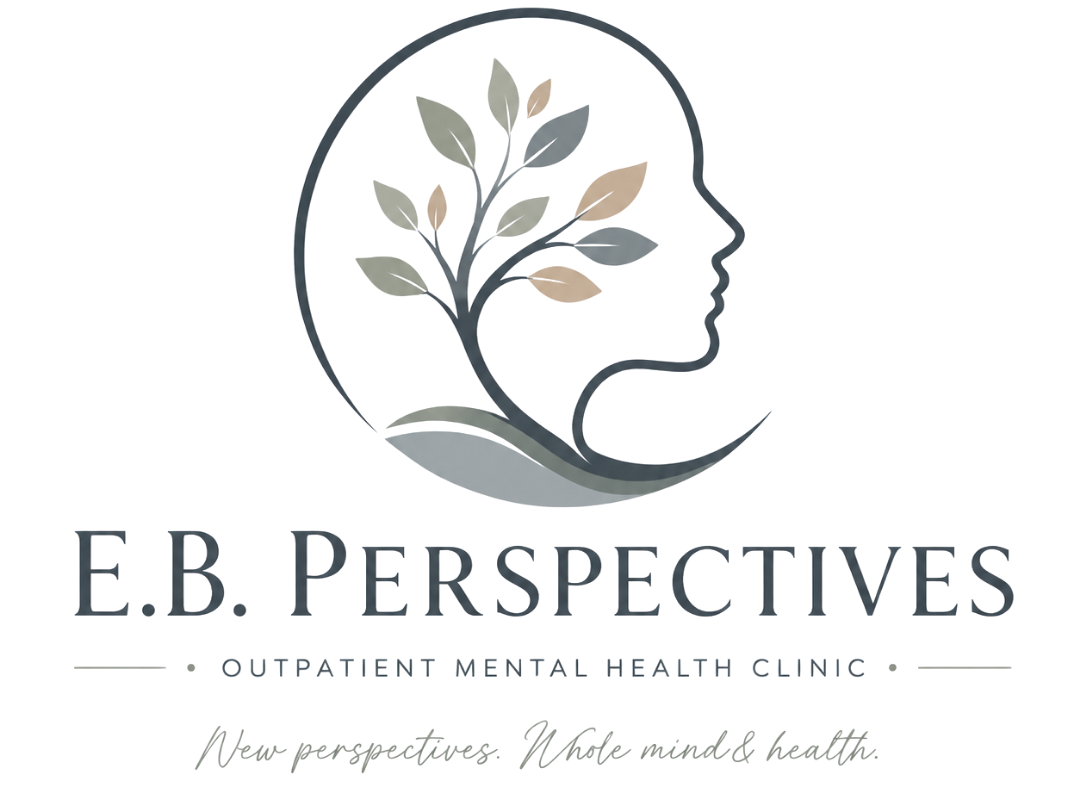 E.B. Perspectives mental health clinic logo with a stylized profile and tree