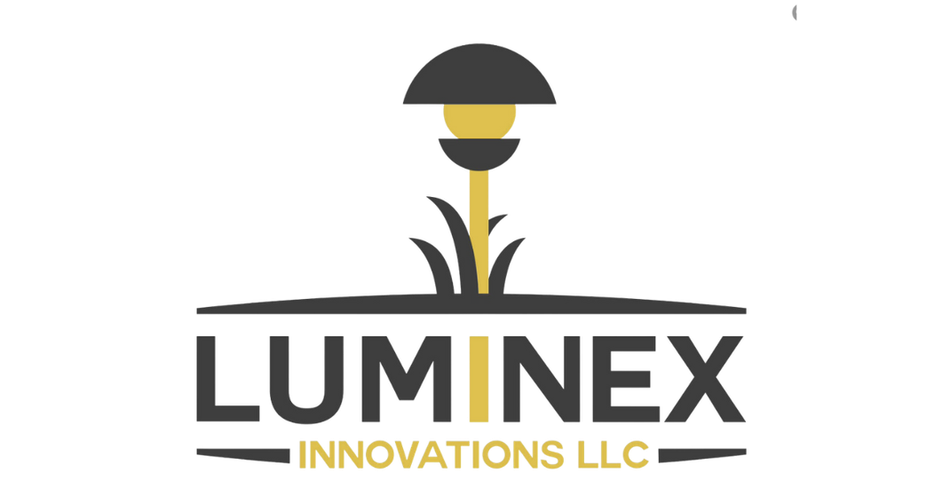 LUMINEX logo with a stylized light fixture over grass, black and gold colors. Text reads