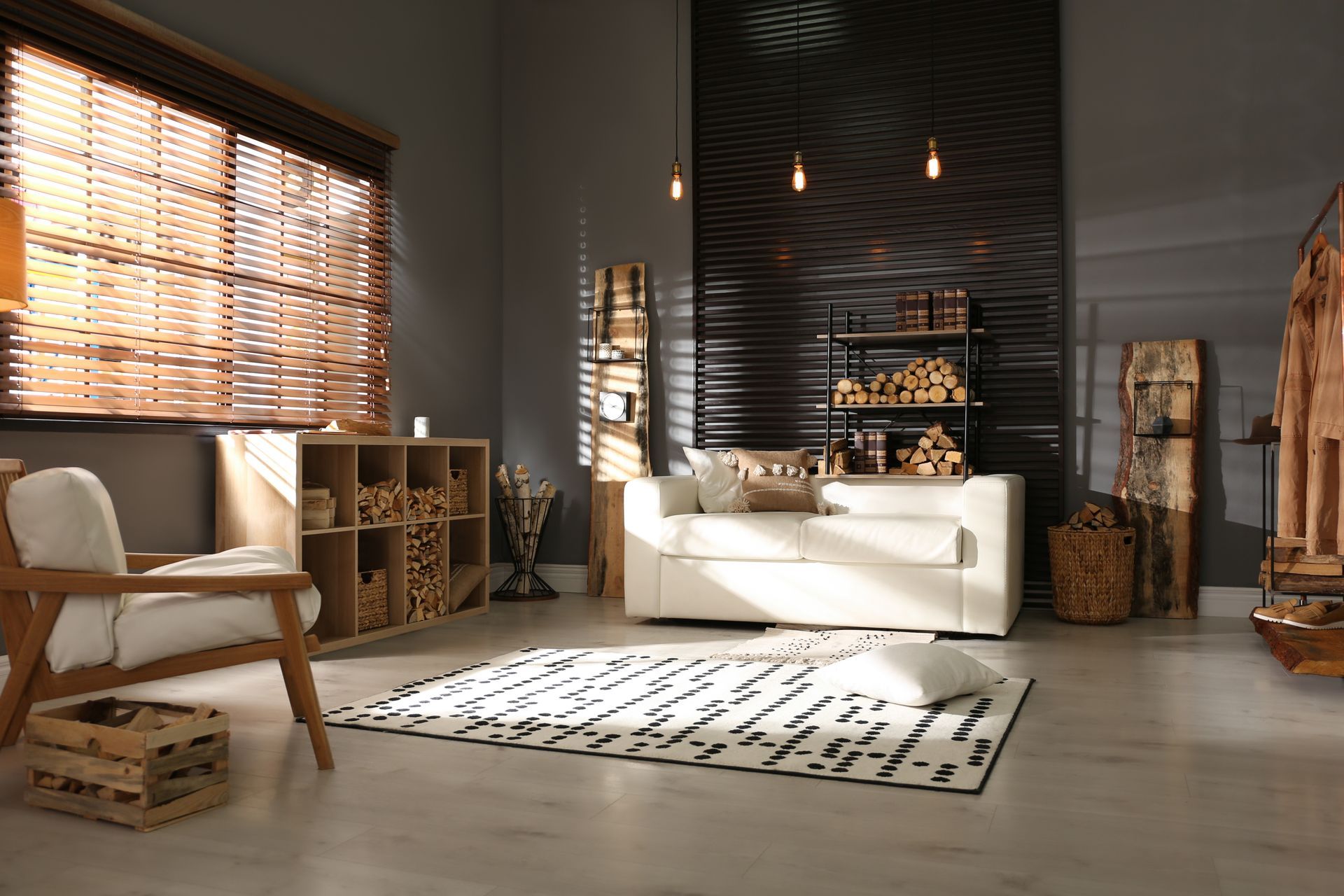 Living room with a modern rustic interior design and wood window blinds to enhance the space 