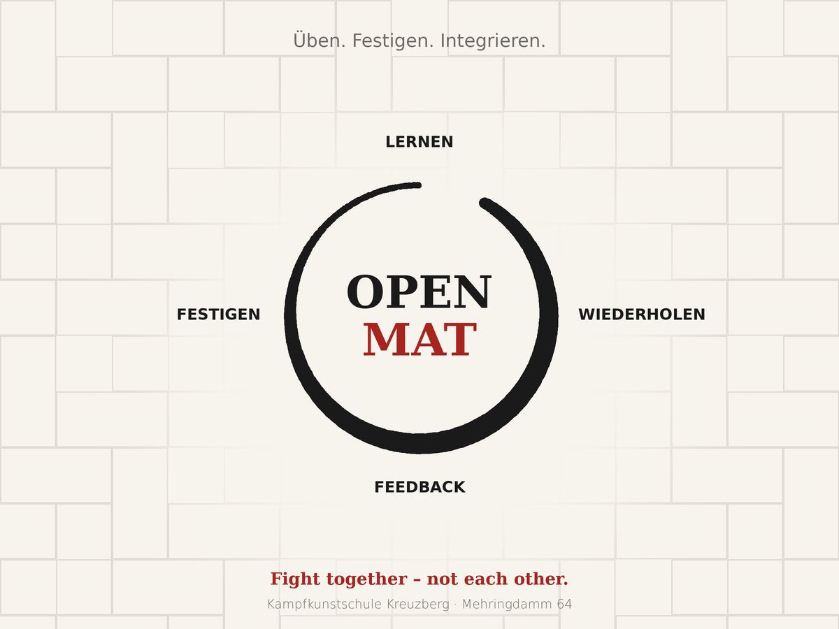 Grafik Open Mat: lernen, wiederholen, festigen, Feedback – Kampfkunstschule Kreuzberg
