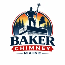 Logo for Baker Chimney Maine showing a silhouetted chimney sweep with a brush atop a brick chimney against a sunset backdrop.