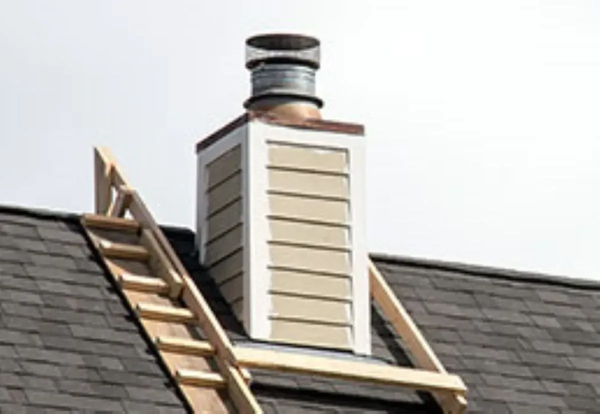 A chimney on top of a roof with a ladder attached to it.