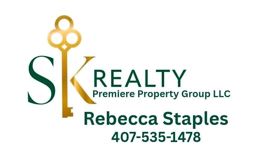 S&K Realty logo with gold key and green text for Rebecca Staples, 407-535-1478