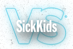 The logo for sickkids is blue and white on a white background.