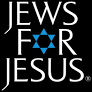 A logo for jews for jesus with a blue star on a black background.