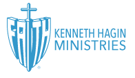 The kenneth hagin ministries logo is blue and white with a cross and shield.