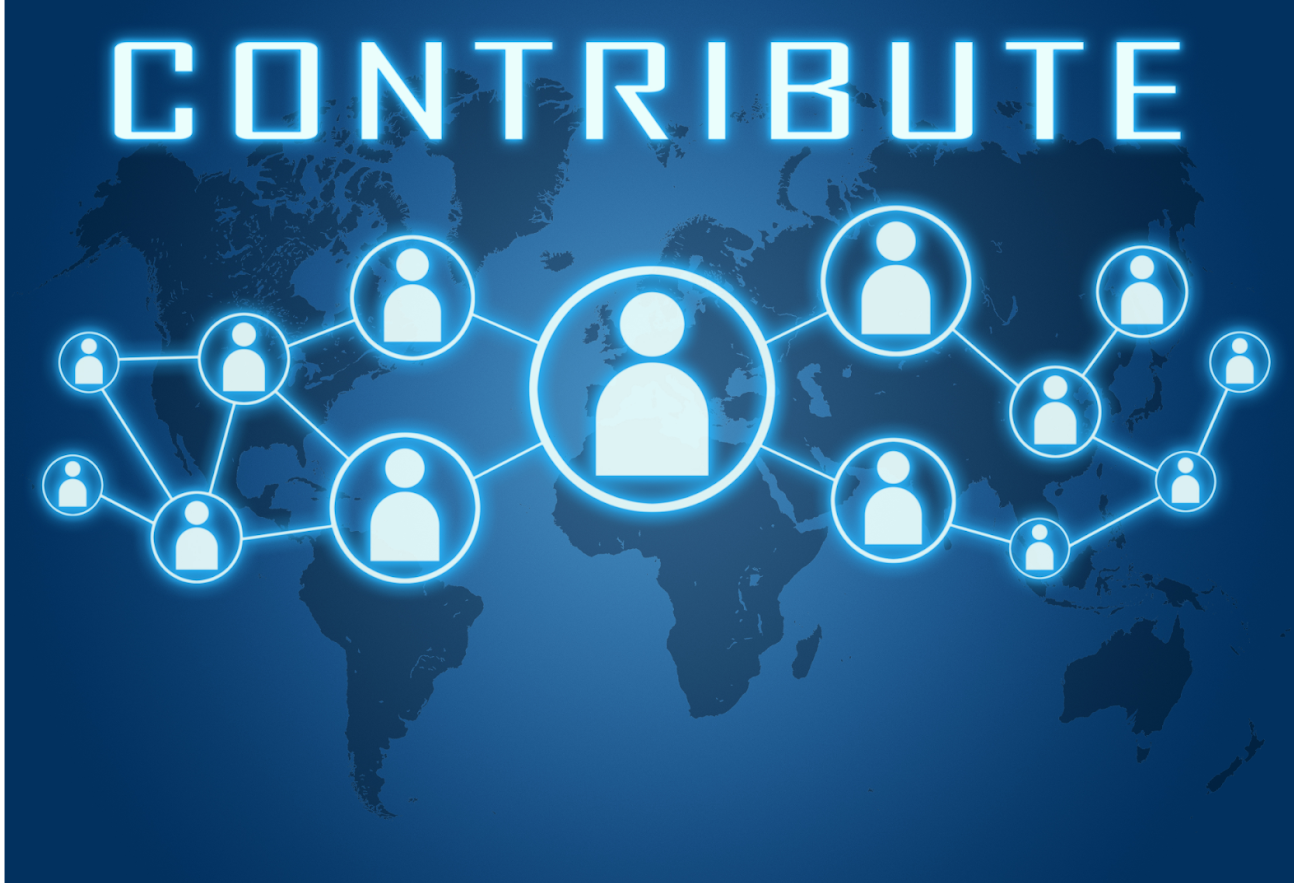 A blue background with a map of the world and the words `` contribute ''