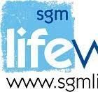 A blue and white logo for a company called sgm life.