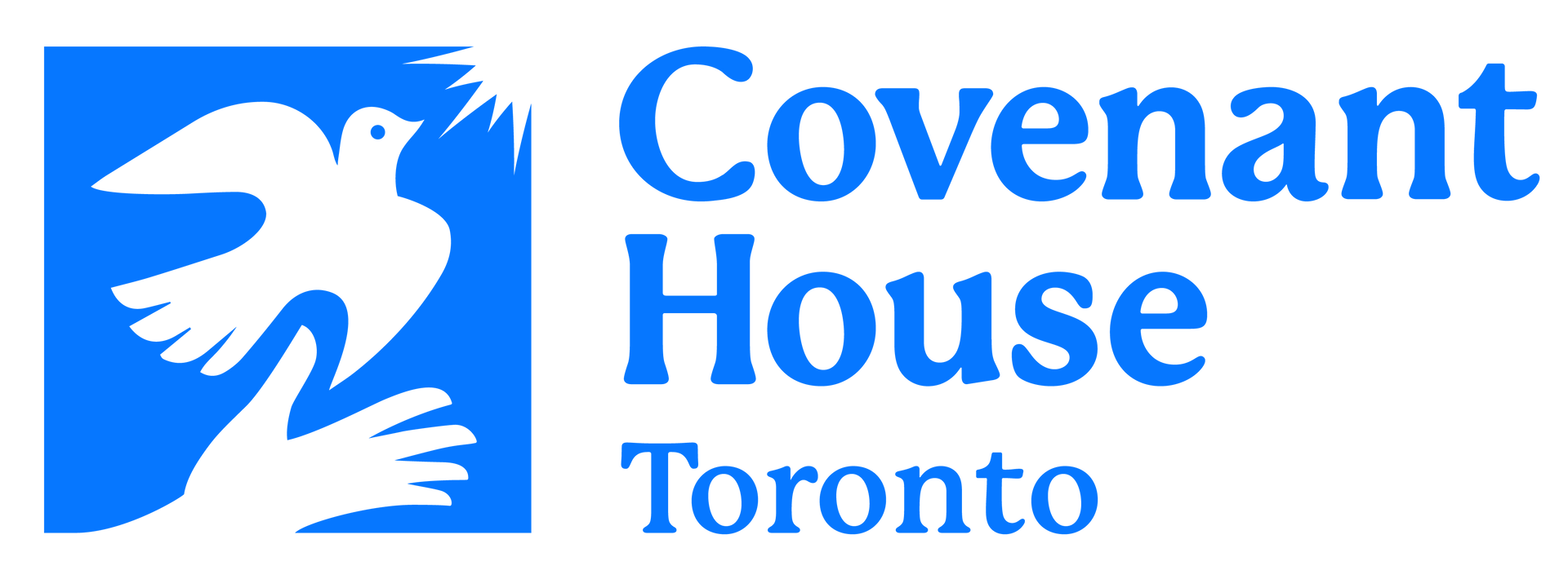 The covenant house toronto logo is blue and white with a dove and hands.